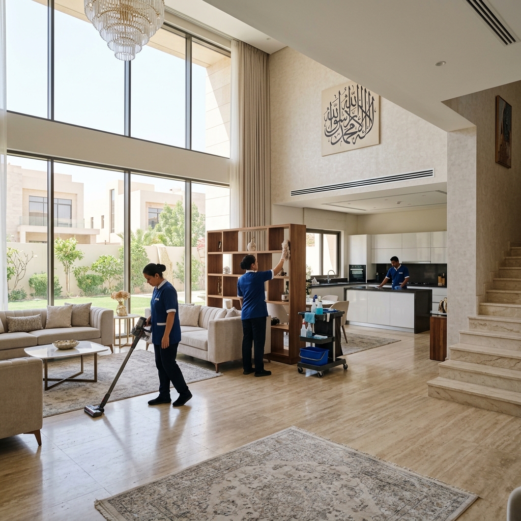 فريق شركة بريق الرياض لخدمات التنظيف داخل منزل حديث